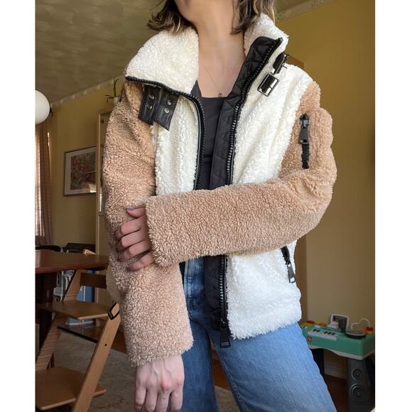 Sam New York Denver Cream Brown Colorblock Sherpa Jacket Size S - Picture 2 of 12